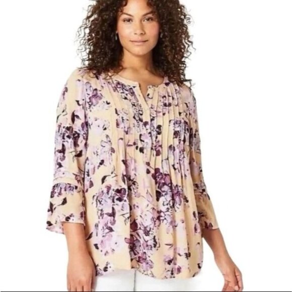 J Jill Womens XL Purple Floral Pleated Button Front Tunic Top Bell Sleeve Blouse - Picture 1 of 13